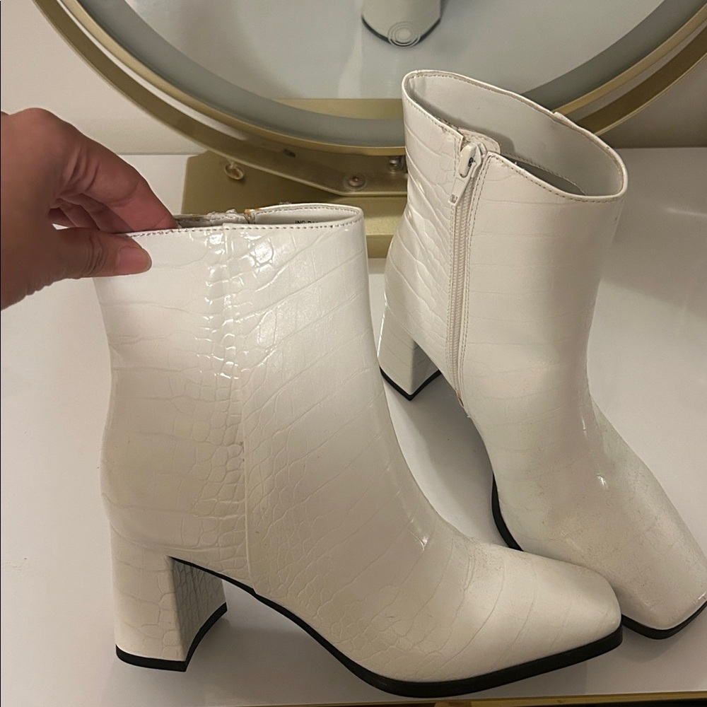 White Croc-Embossed Ankle Boots